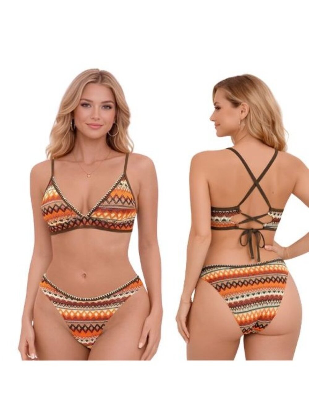 Large Orange Brown Geometric Crochet Design High Rise Bikini Crisscross Back NWT